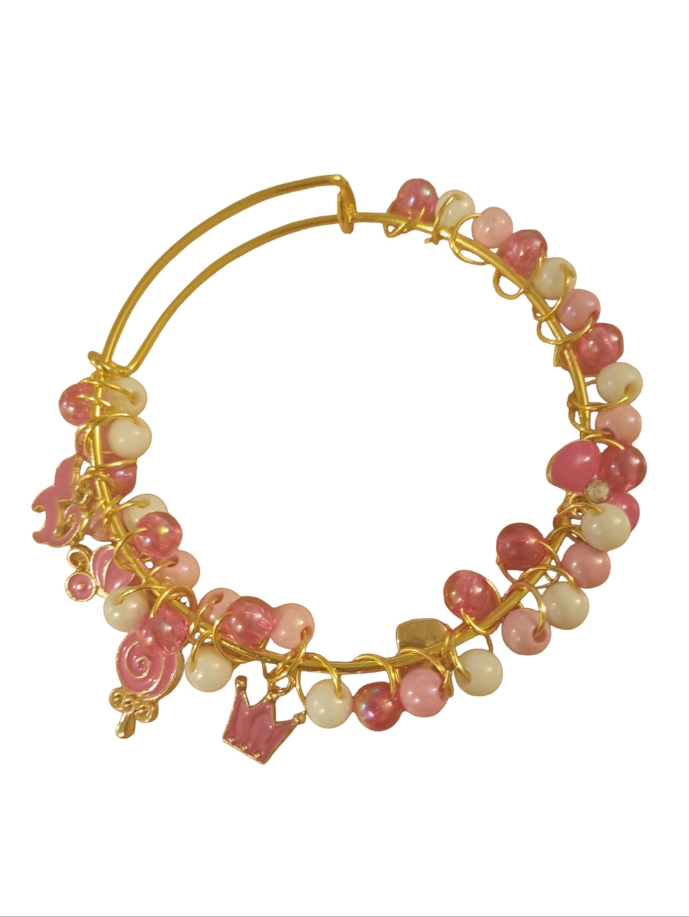 Hand Crafted Gold-Tone Bracelet with Pink and White Beads and Charms
